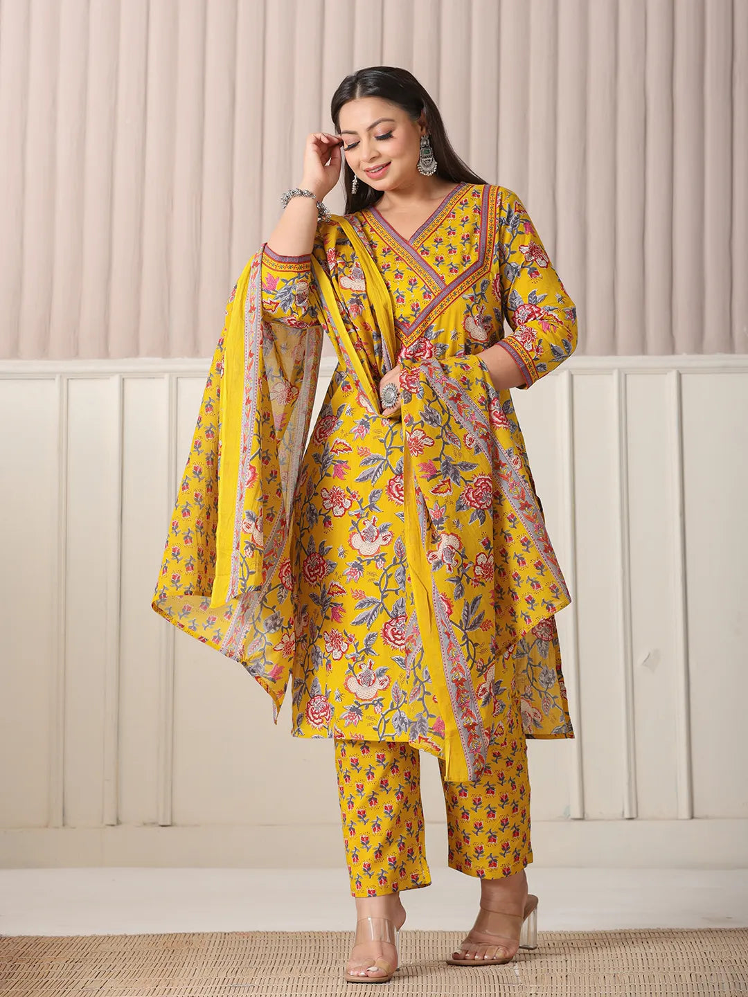 Yellow Floral Cotton Plus Size Kurta Set with Cutdana Work Pant and Dupatta
