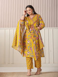 Yellow Floral Cotton Plus Size Kurta Set with Cutdana Work Pant and Dupatta