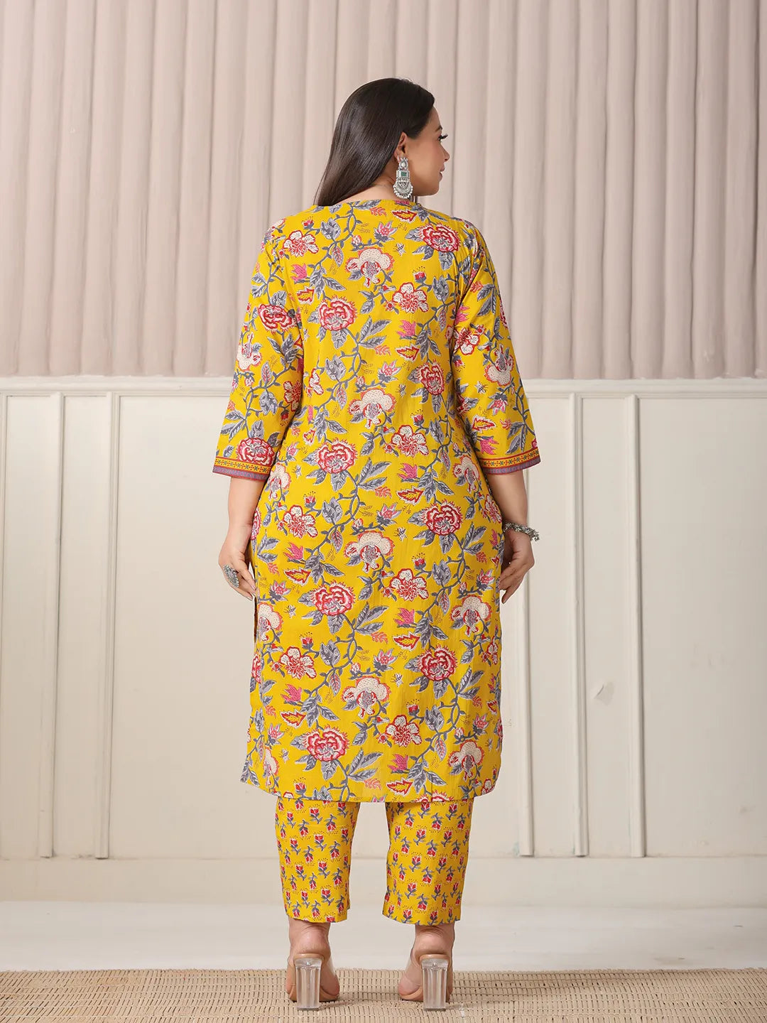 Yellow Floral Cotton Plus Size Kurta Set with Cutdana Work Pant and Dupatta