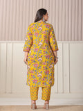 Yellow Floral Cotton Plus Size Kurta Set with Cutdana Work Pant and Dupatta