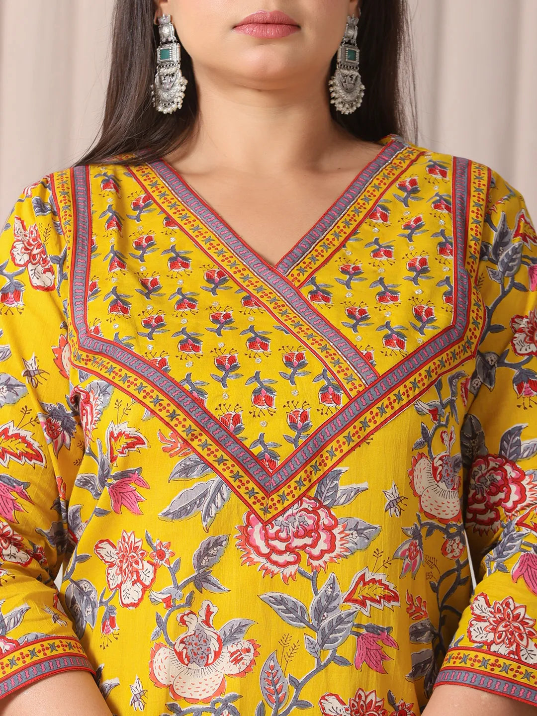 Yellow Floral Cotton Plus Size Kurta Set with Cutdana Work Pant and Dupatta