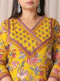 Yellow Floral Cotton Plus Size Kurta Set with Cutdana Work Pant and Dupatta