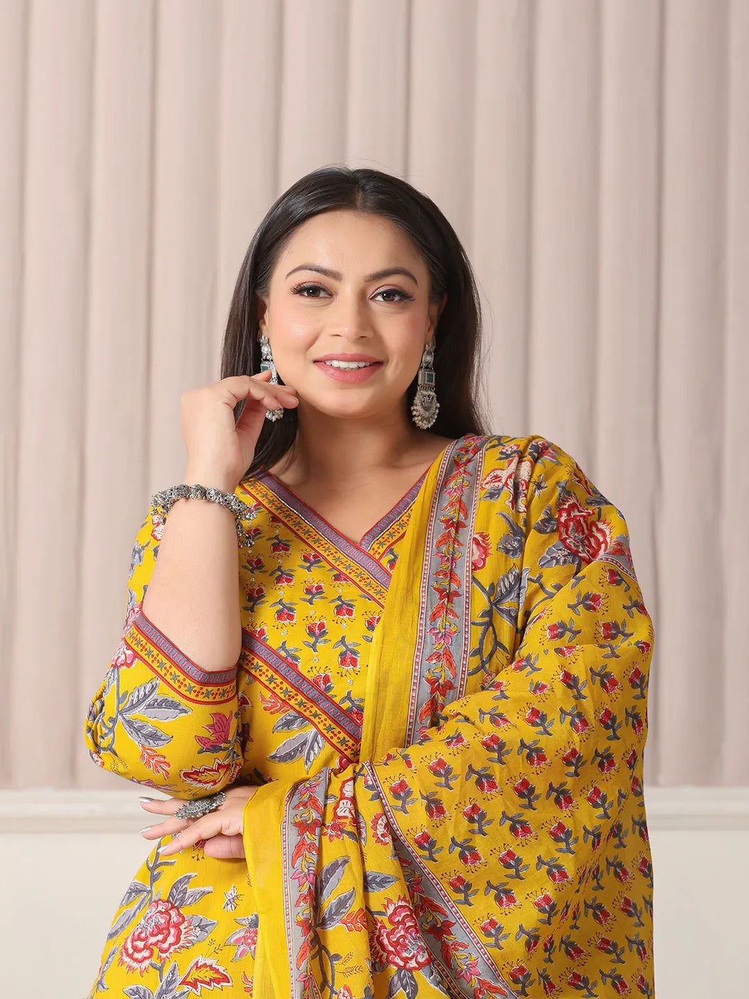 Yellow Floral Cotton Plus Size Kurta Set with Cutdana Work Pant and Dupatta