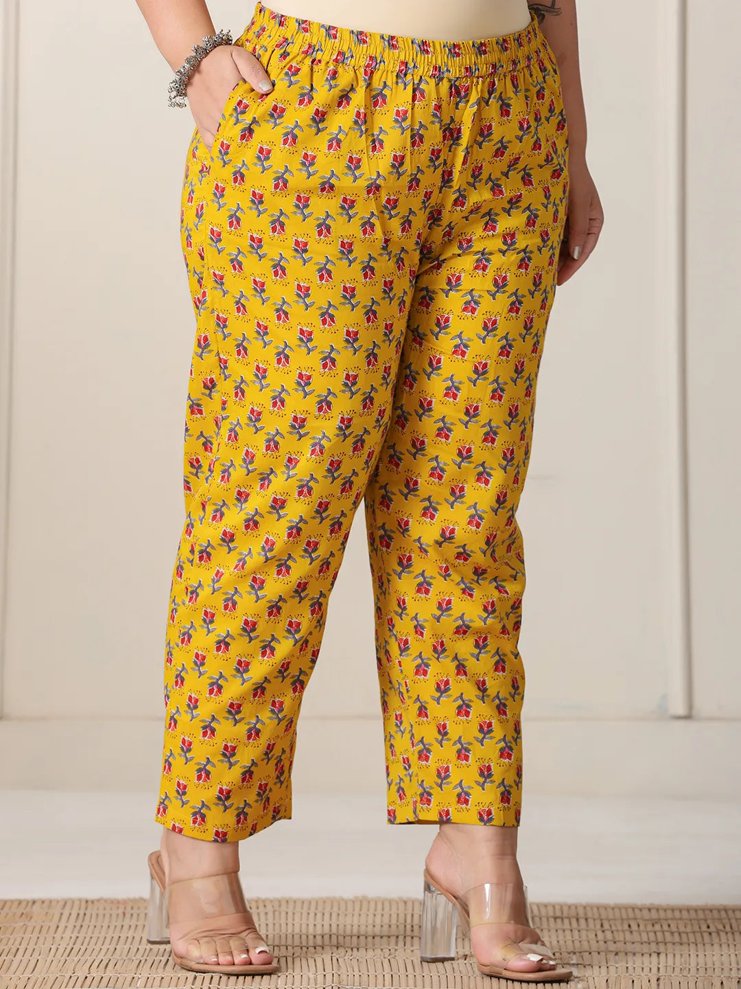 Yellow Floral Cotton Plus Size Kurta Set with Cutdana Work Pant and Dupatta