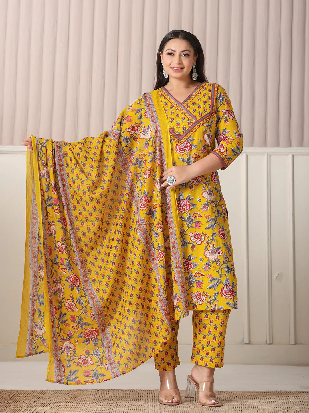 Yellow Floral Cotton Plus Size Kurta Set with Cutdana Work Pant and Dupatta