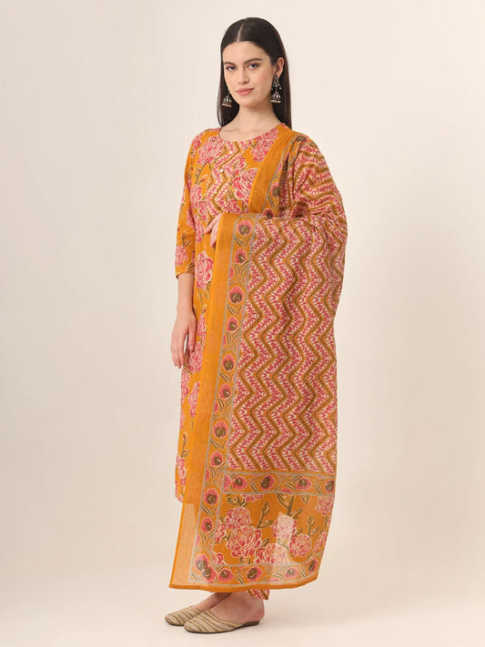 Mustard Pure Cotton Straight Kurta Pants with Dupatta – Daily Wear