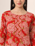 Vibrant Red Pure Cotton Straight Kurta with Pants & Dupatta Set
