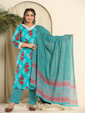 Pure Cotton Blue Kurta Dupatta Pant Set with Handwork Embroidery