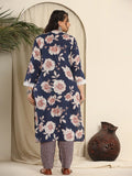 Navy Blue Pure Cotton Kurta Dupatta Pant Set with Hand Embroidery