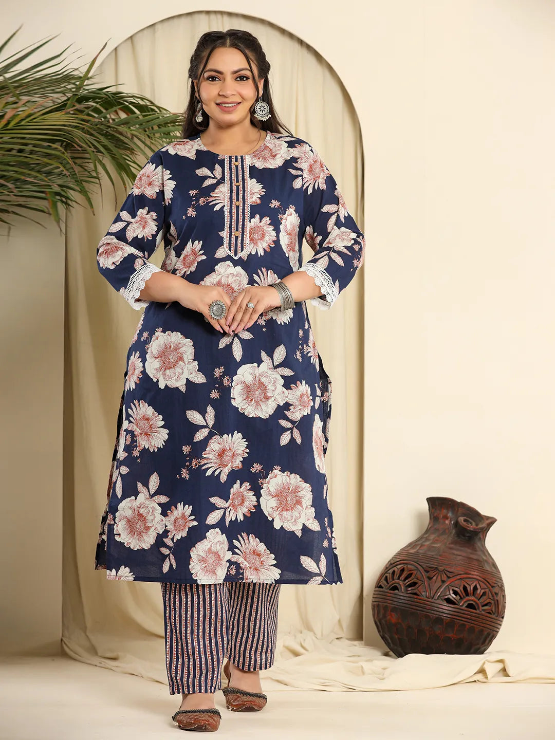 Navy Blue Pure Cotton Kurta Dupatta Pant Set with Hand Embroidery