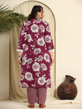 Purple Pure Cotton Kurta Dupatta Pant Set with Handcrafted Design