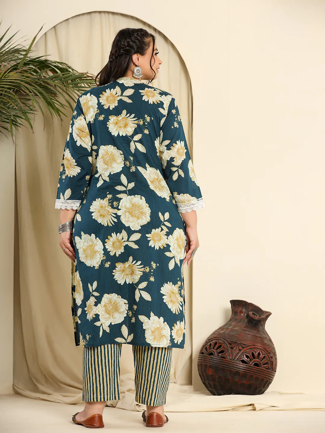 Teal Blue Pure Cotton Kurta Dupatta Pant Set with Intricate Handwork