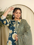 Teal Blue Pure Cotton Kurta Dupatta Pant Set with Intricate Handwork