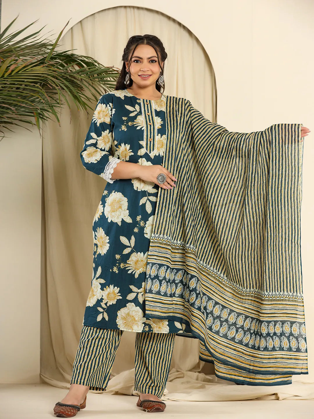 Teal Blue Pure Cotton Kurta Dupatta Pant Set with Intricate Handwork
