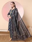 Teal Blue Pure Cotton Chikankari Straight Kurta Dupatta Pant Set – Elegant Design