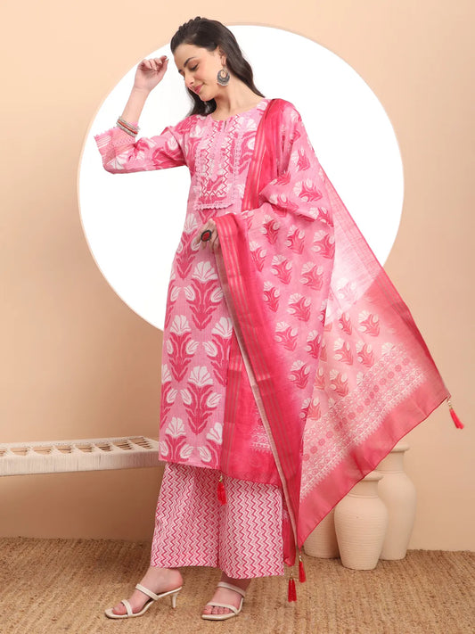 Pink Pure Cotton Straight Kurta Palazzo Dupatta Set for Stylish Women