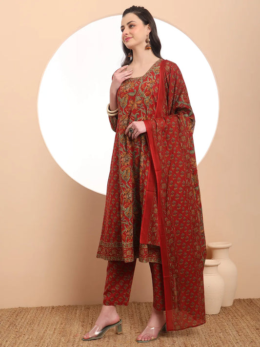 Red Floral Print A-Line Kurta Trouser Dupatta Set with Thread Work