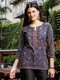 Blue Cotton Ethnic Motif Printed Regular Top – Fusion Fashion