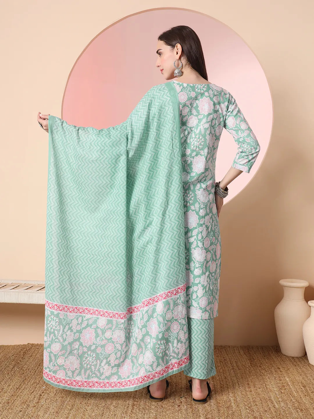 Trendy Sea Green Angrakha Cotton Kurta Dupatta Pant Set