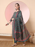 Green Floral Embroidered Kurta with Trousers with dupatta Set