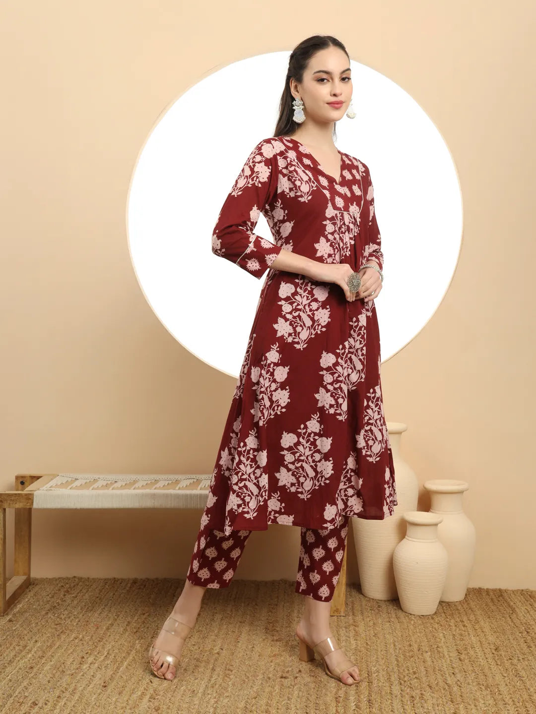 Maroon Floral Print A Line Kurta Trouser Dupatta Set Ethnic Wear