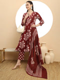 Maroon Floral Print A Line Kurta Trouser Dupatta Set Ethnic Wear