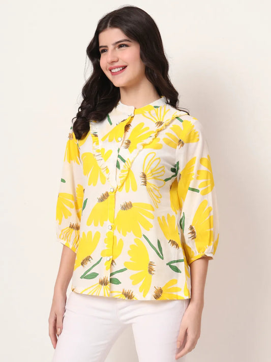 Yellow Cotton Mandarin Collar Shirt Style Top for Women