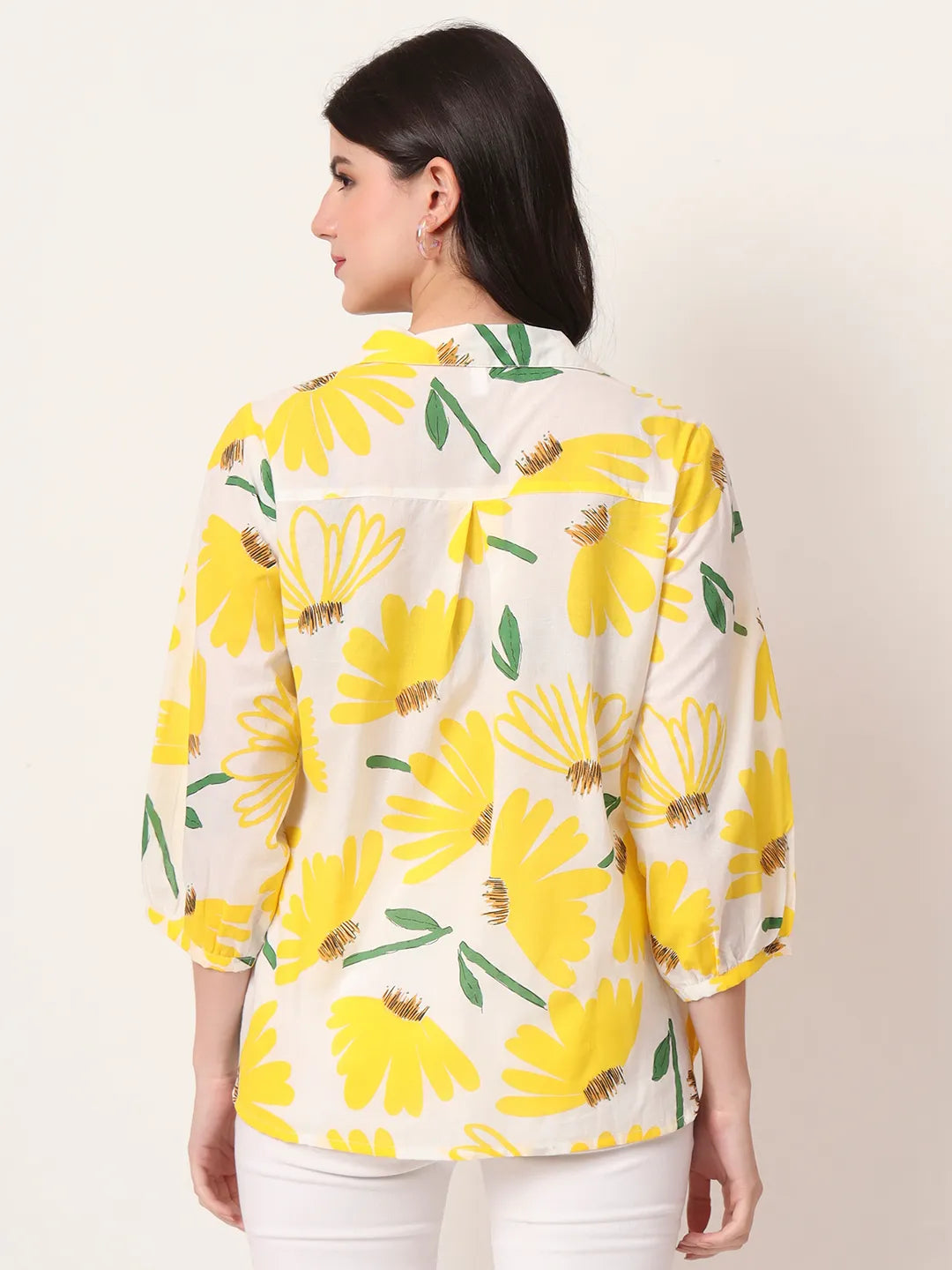 Yellow Cotton Shirt Collar Shirt Style Top for Casual Wear