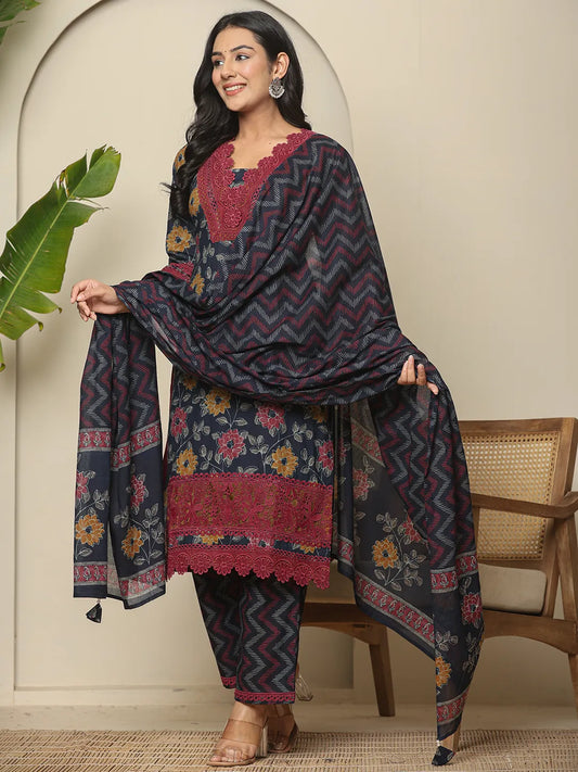 Navy Blue Cotton Kurta Dupatta Set with Lace Detailing Festive Special