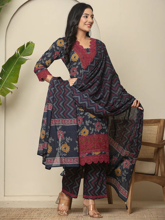 Navy Blue Cotton Kurta Dupatta Set with Lace Detailing Festive Special
