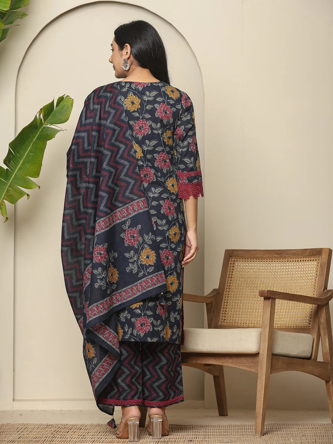 Navy Blue Cotton Kurta Dupatta Set with Lace Detailing Festive Special