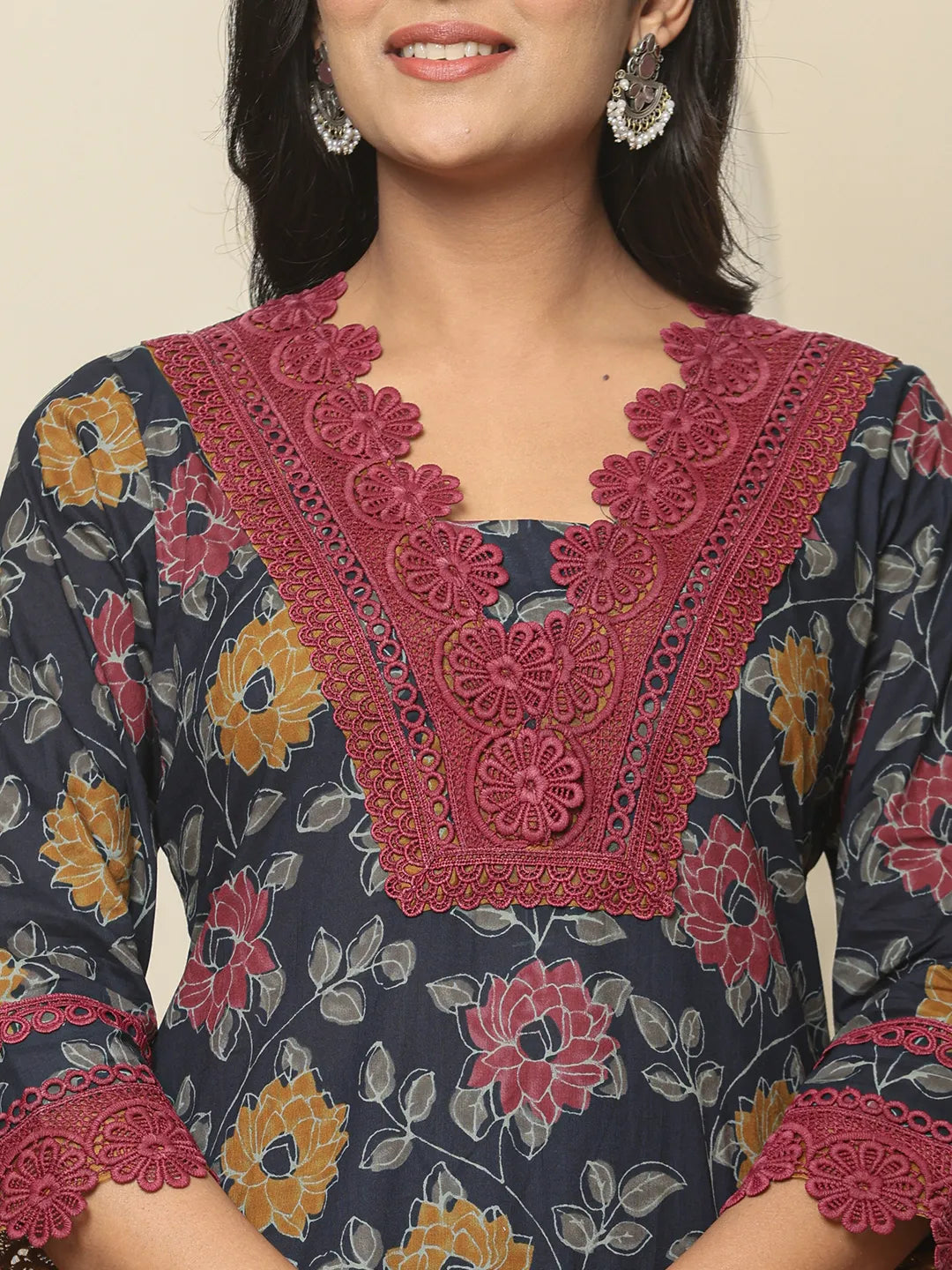 Navy Blue Cotton Kurta Dupatta Set with Lace Detailing Festive Special