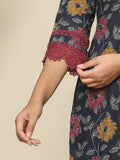 Navy Blue Cotton Kurta Dupatta Set with Lace Detailing Festive Special