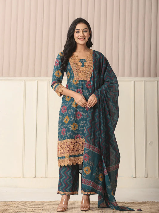 Teal Blue Cotton Kurta Set with Dupatta and Lace Detailing Casual Ethnic Wear