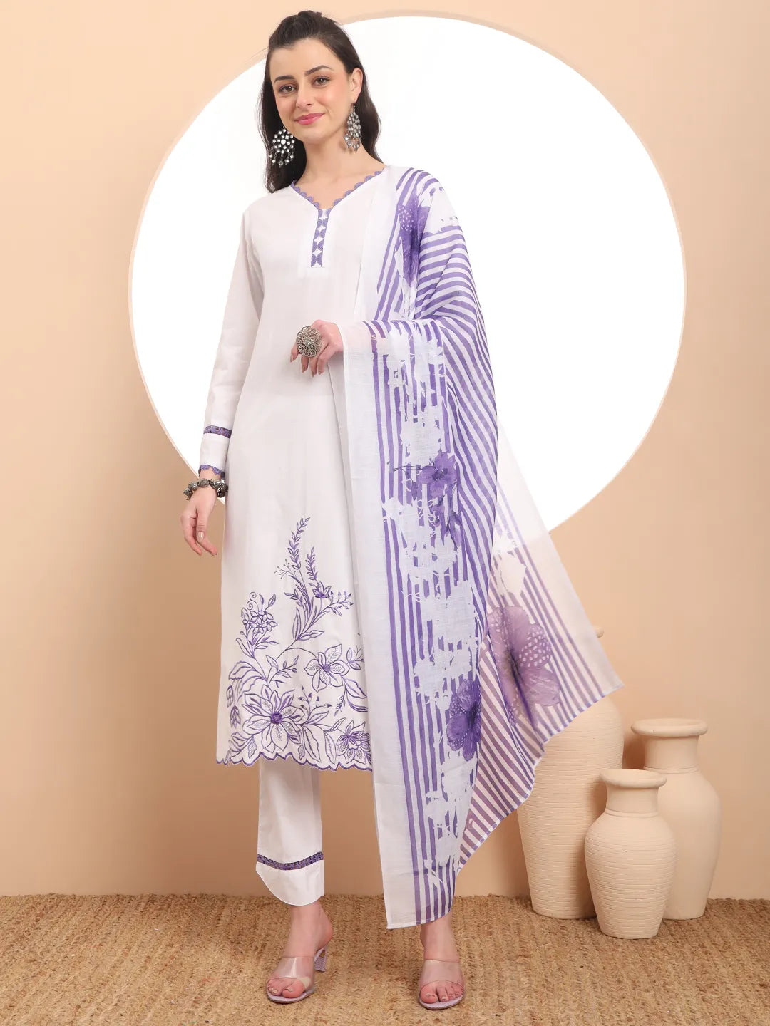 Lovely White Chikankari Lace Work Kurta Trouser Dupatta Set for Ethnic Styling