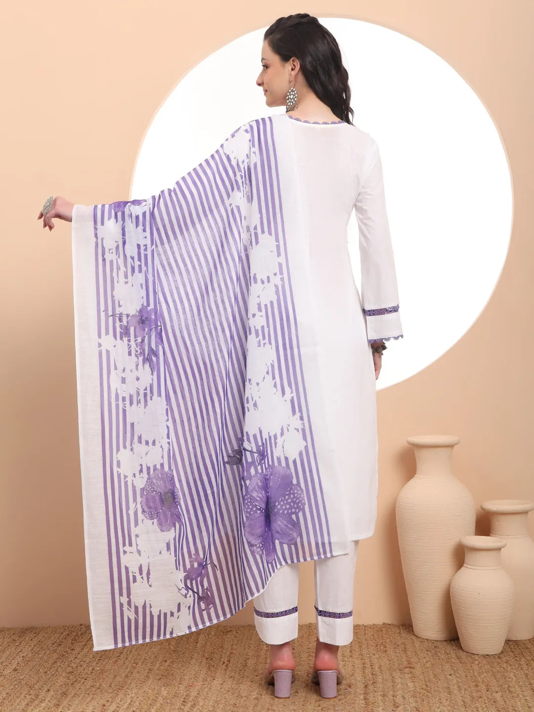 Lovely White Chikankari Lace Work Kurta Trouser Dupatta Set for Ethnic Styling