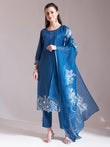 Stunning Blue Embroidered Straight Kurta Trouser Dupatta Set for a Classic Look