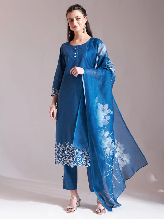Stunning Blue Embroidered Straight Kurta Trouser Dupatta Set for a Classic Look