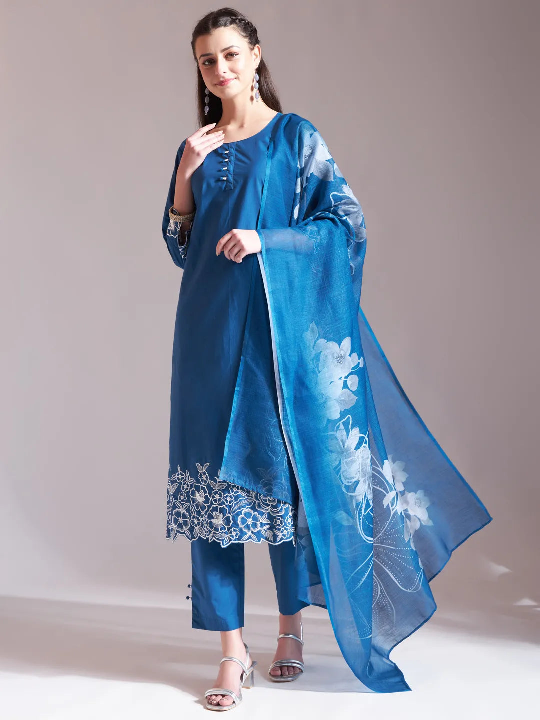 Stunning Blue Embroidered Straight Kurta Trouser Dupatta Set for a Classic Look