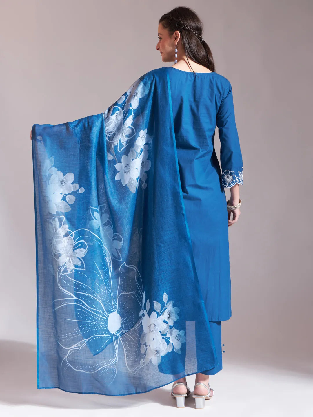 Stunning Blue Embroidered Straight Kurta Trouser Dupatta Set for a Classic Look
