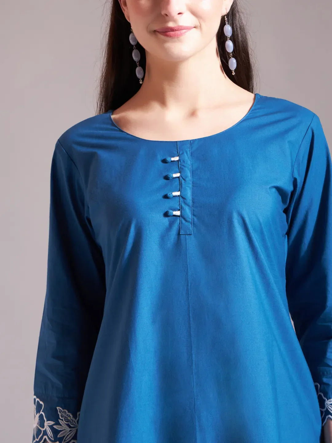Stunning Blue Embroidered Straight Kurta Trouser Dupatta Set for a Classic Look