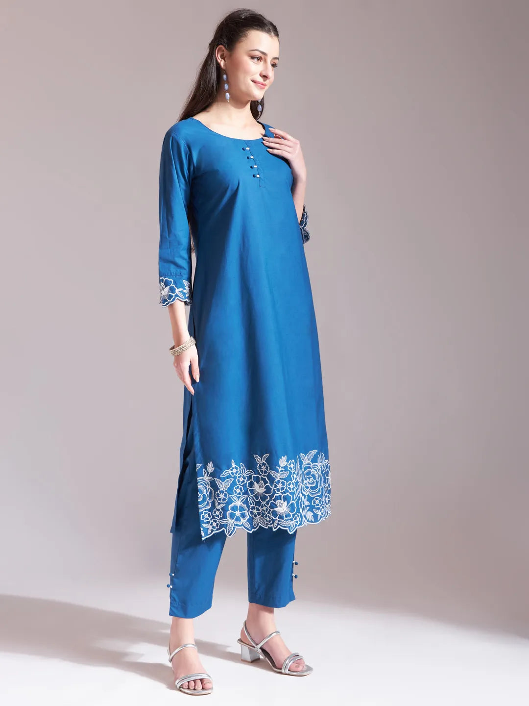 Stunning Blue Embroidered Straight Kurta Trouser Dupatta Set for a Classic Look