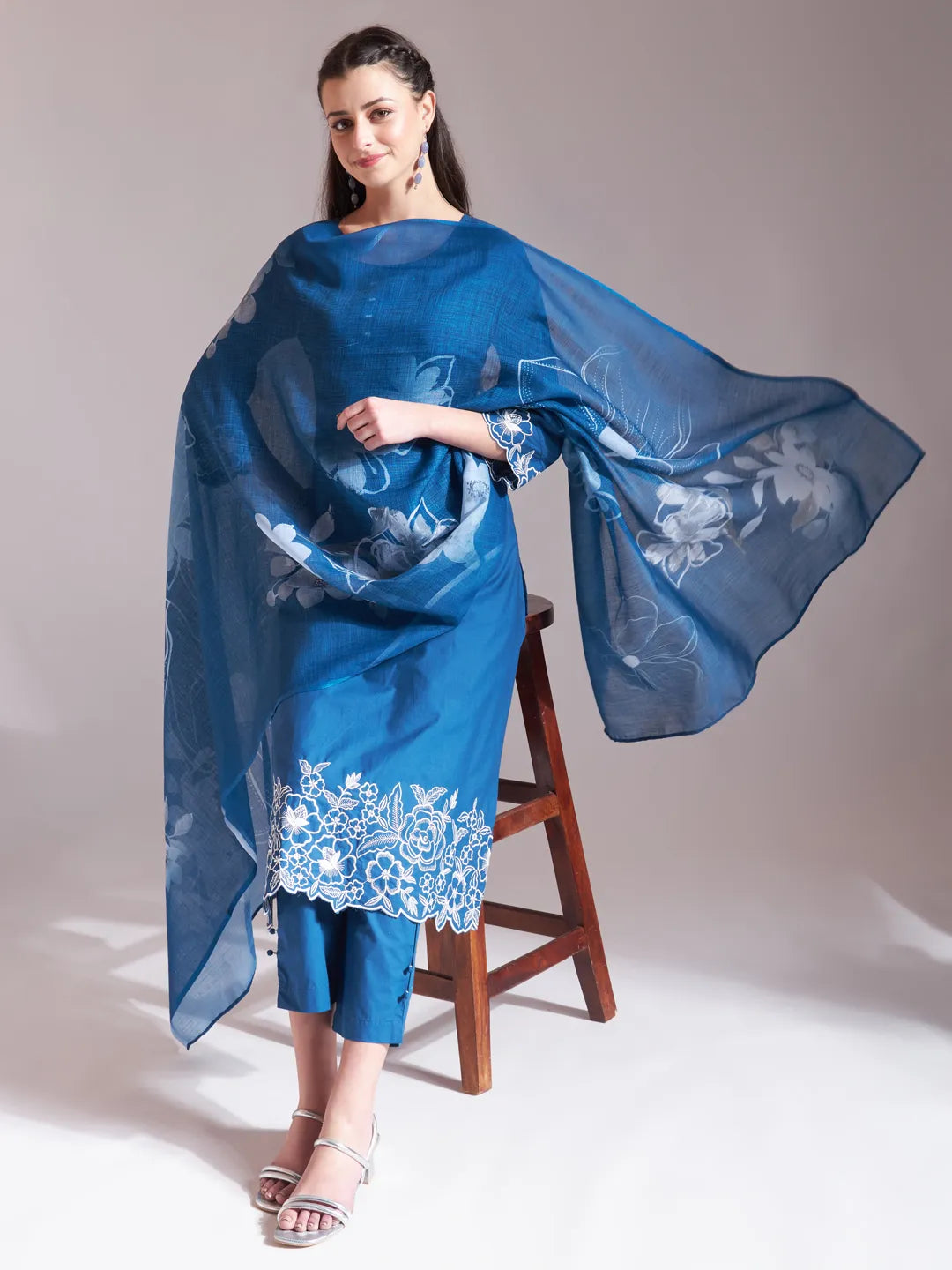 Stunning Blue Embroidered Straight Kurta Trouser Dupatta Set for a Classic Look
