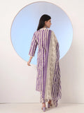 Purple and Cream Striped Kurta and Trouser Set with Thread Work Dupatta