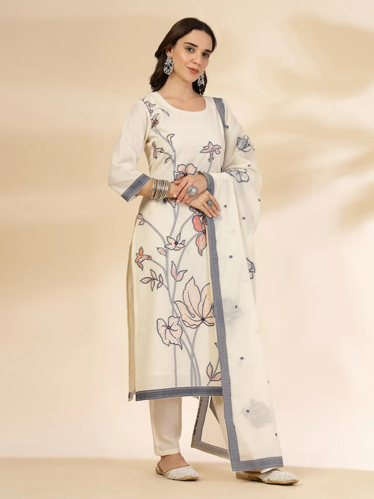 Off White Handloom Cotton Jacquard Kurta Pant Set with Dupatta Classic Look