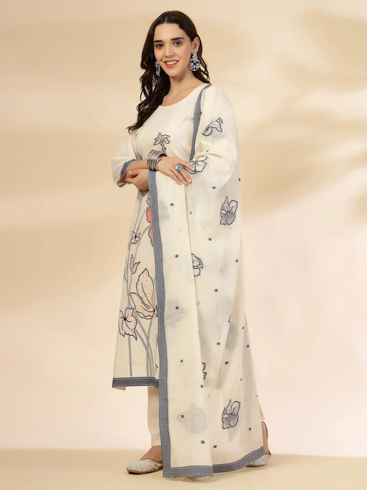 Off White Handloom Cotton Jacquard Kurta Pant Set with Dupatta Classic Look