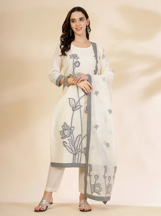 Off White Cotton Jacquard Kurta Set with Sequins Work and Dupatta