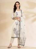 Off White Cotton Jacquard Kurta Set with Sequins Work and Dupatta