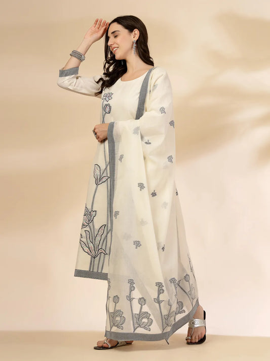 Off White Cotton Jacquard Kurta Set with Sequins Work and Dupatta