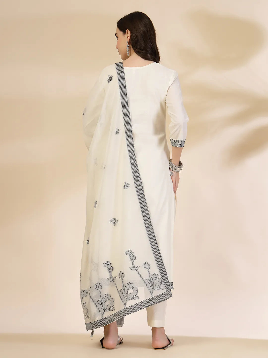 Off White Cotton Jacquard Kurta Set with Sequins Work and Dupatta
